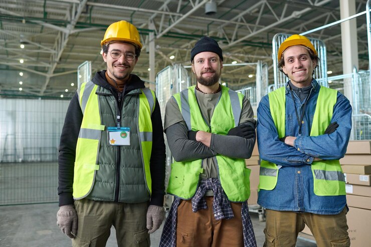 Three workers in safety vests and helmets standing in a warehouse