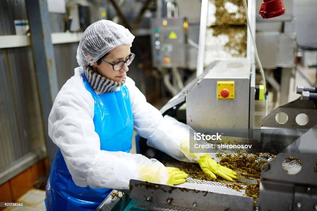 Two workers in white and blue uniforms standing in a food processing plant